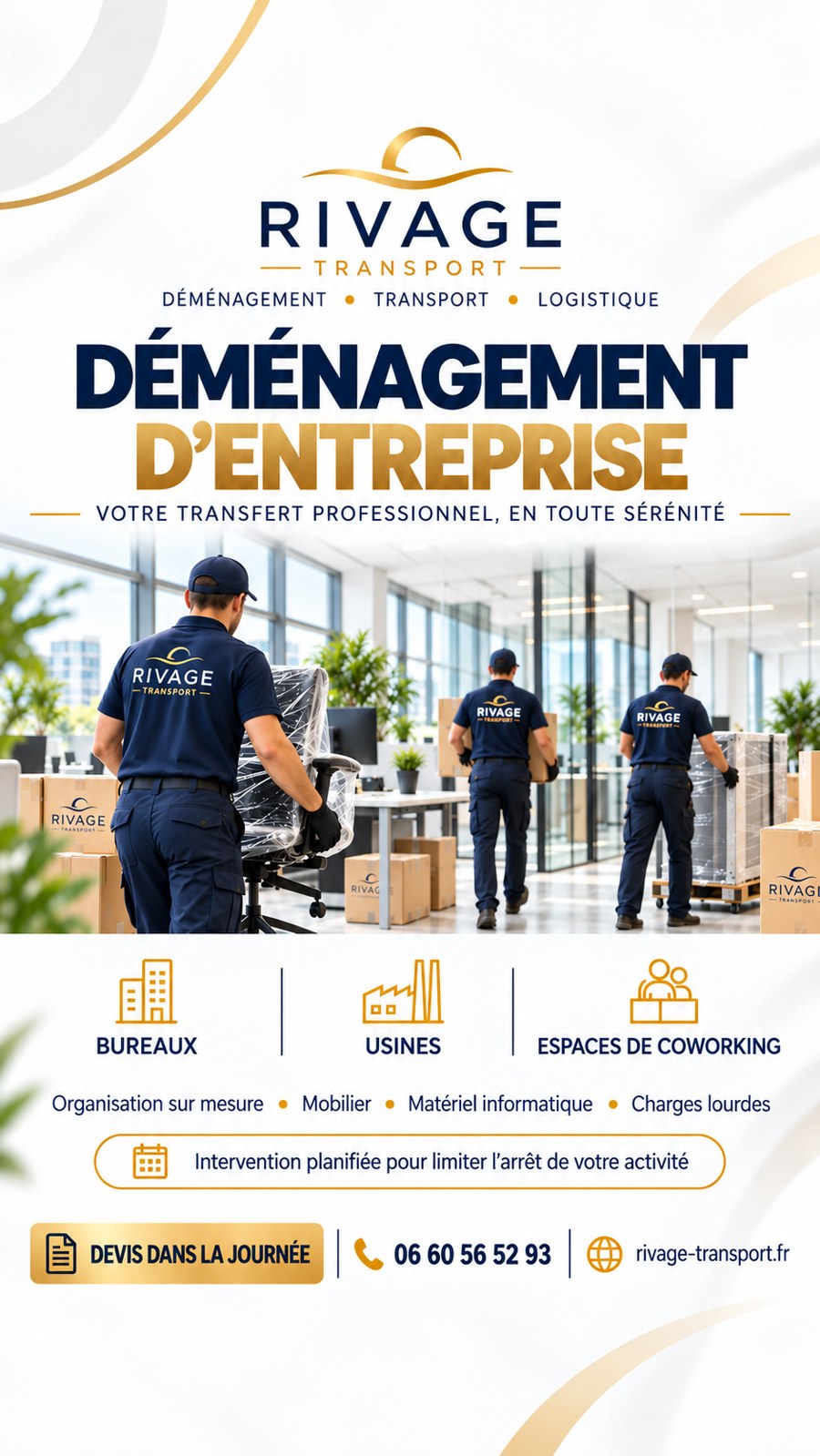 Affiche Rivage Transport : déménagement d'entreprise, bureaux, usines et espaces de coworking