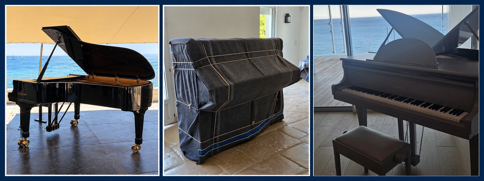 Piano à queue, piano emballé sous couverture et piano installé face à la mer, transport par Rivage Transport