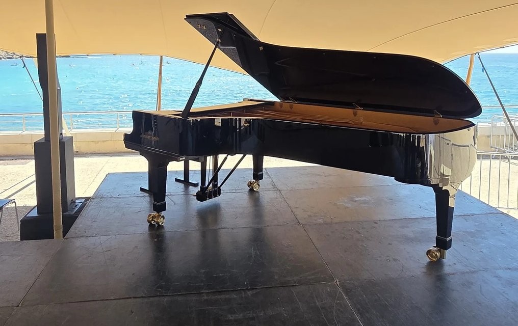 Piano à queue transporté face à la mer