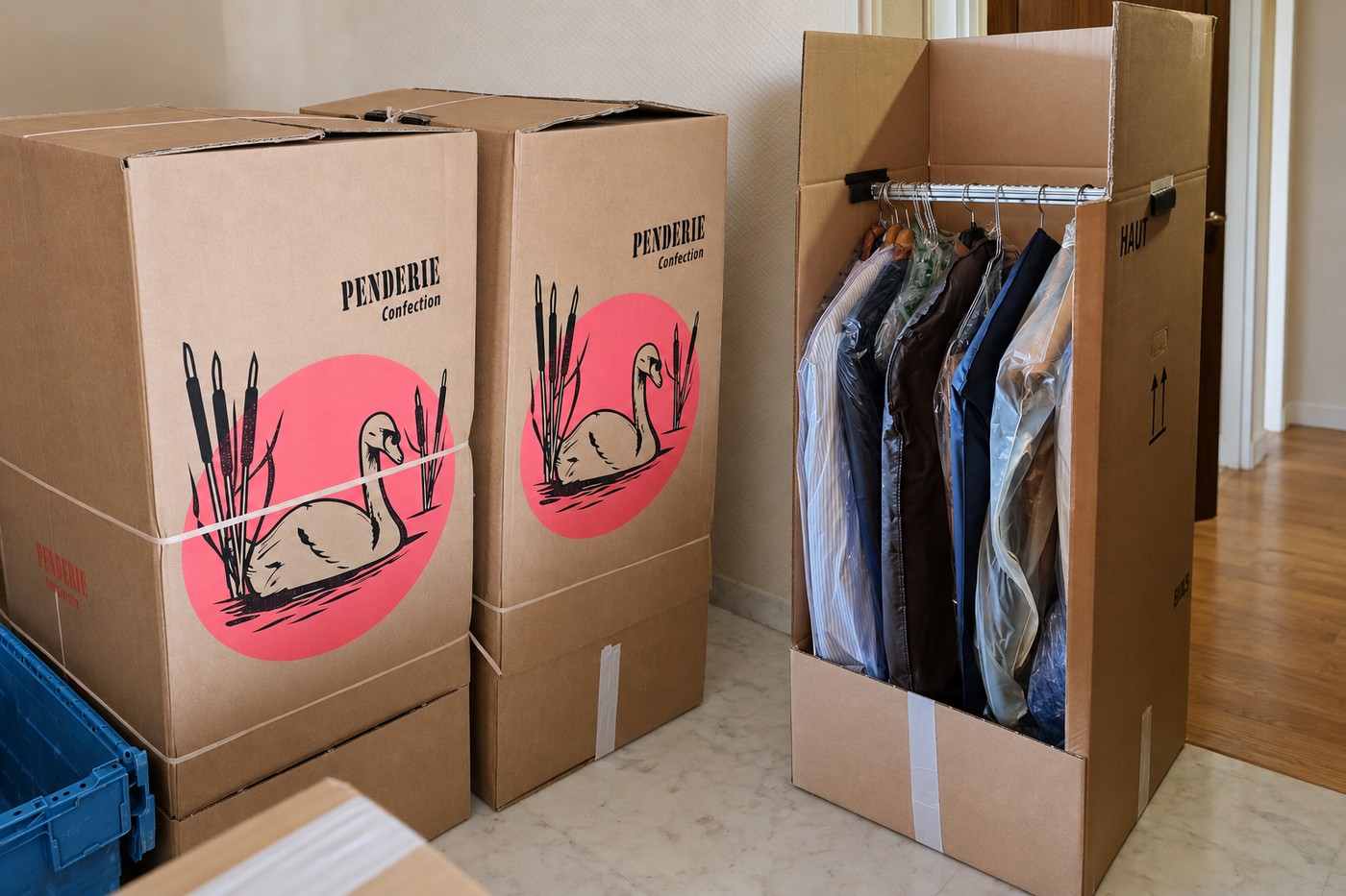 Carton penderie avec vêtements sur cintres